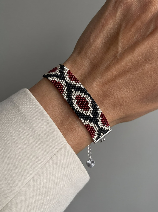 bransoletki ze szkła Bordowa srebrna bransoletka z koralików Miyuki - ornamental