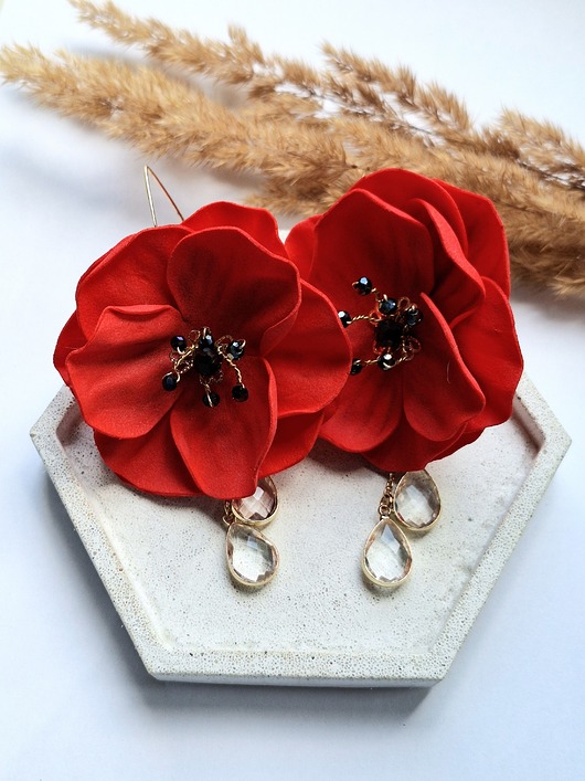 kolczyki pozłacane Długie kolczyki pozłacane czerwone maki