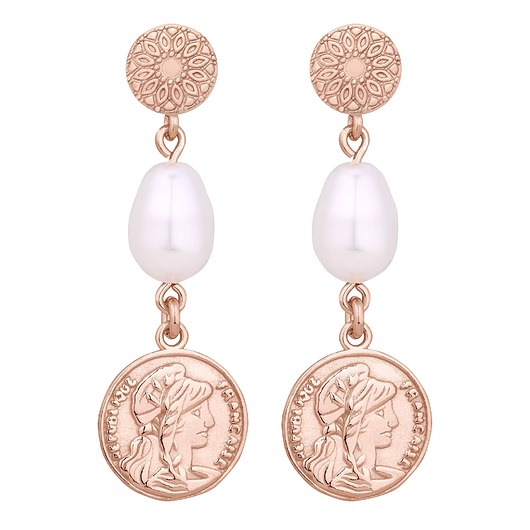 kolczyki pozłacane Długie kolczyki z różowego złota z monetami i perłami SWAROVSKI CRYSTAL