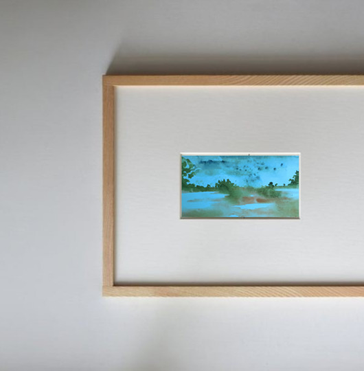 obrazy Akwarela Pejzaż traw oryginalny obraz niebieski papier 10,5x22 cm