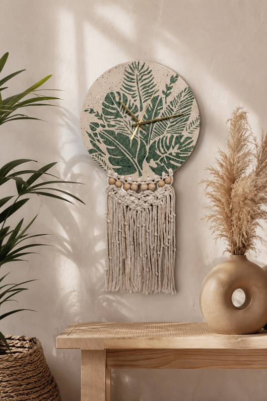 Ozdoby na ścianę Ceramiczny zegar ścienny z makramą handmade motyw botaniczny