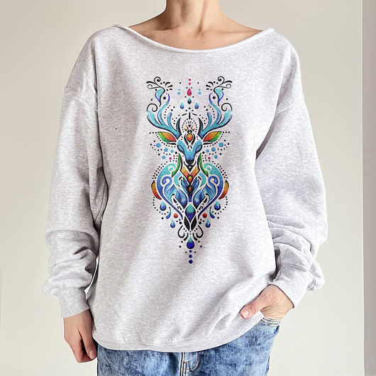bluza bez kaptura damska Jeleń boho nordycki Szara bluza cięta