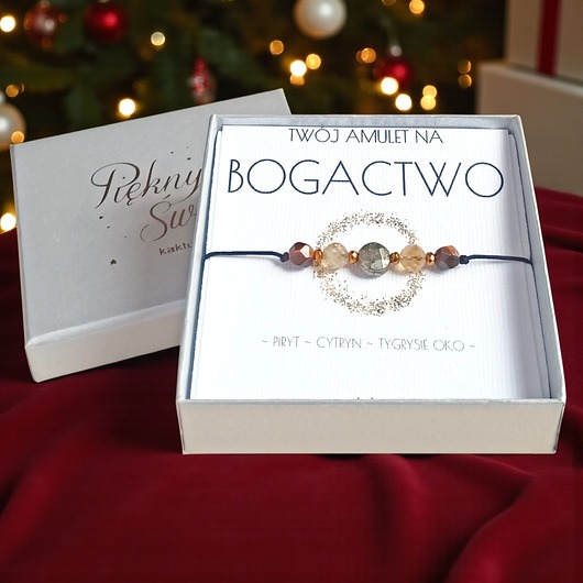bransoletki z kamieni naturalnych Amulet - BOGACTWO - świąteczne pudełko - PIRYT, CYTRYN, TYGRYSIE OKO