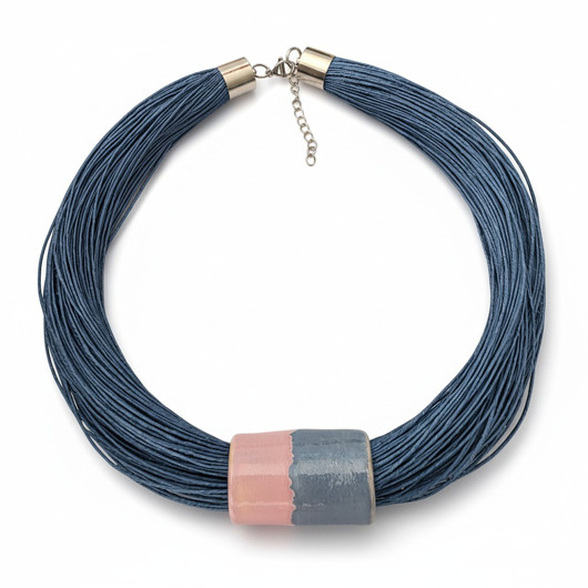 naszyjniki - inne Naszyjnik len NIEBIESKI JEANS z ceramiką 2