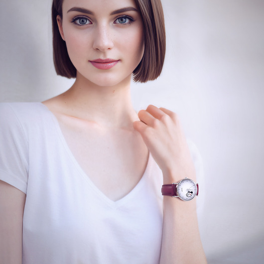 zegarki damskie Zegarek - Kotek, serce - skórzany, burgund