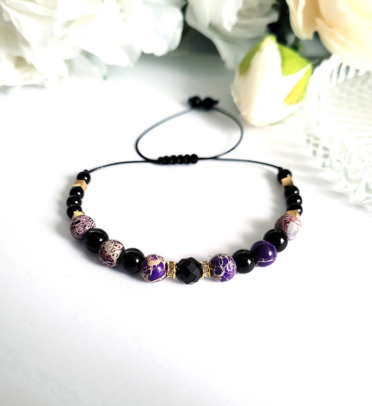 bransoletki z kamieni naturalnych OCHRONA i SPOKÓJ Queen of dark z Turmalinem i Jaspisem cesarskim- fiolet