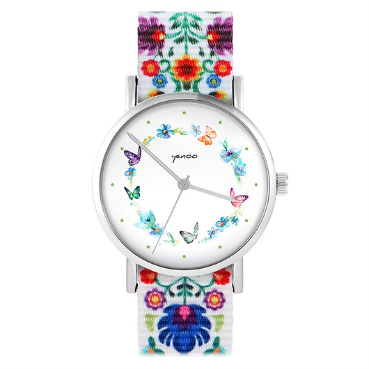 zegarki damskie Zegarek - Kolorowy wianek - folk biały, nato