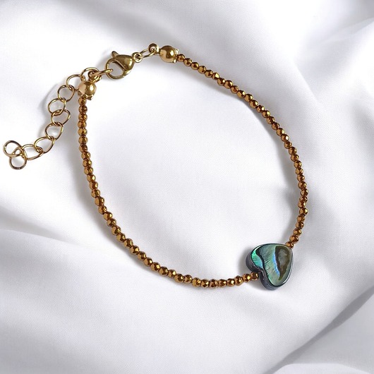 bransoletki z kamieni naturalnych Bransoletka z serduszkiem : muszla PAUA, hematyt złoty