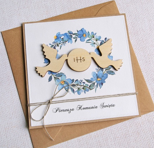 kartki na komunię Kartka z życzeniami : I Komunia Święta : niebieska : gołąbki