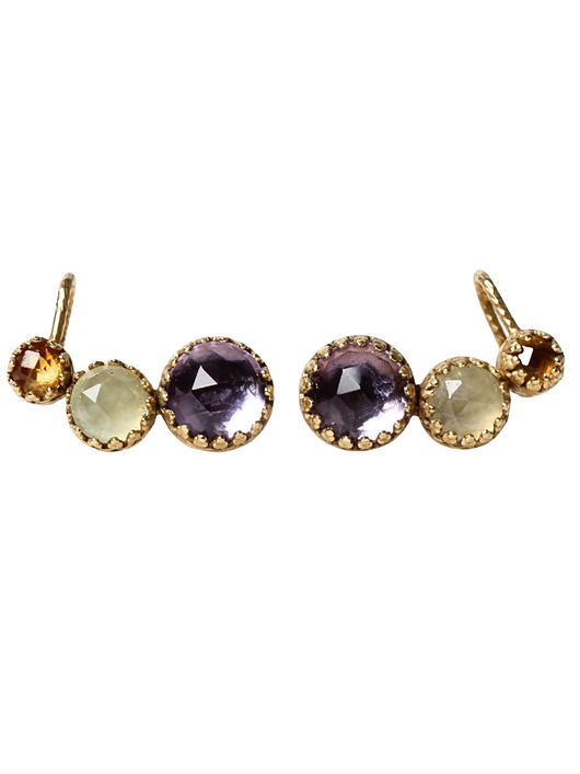 kolczyki pozłacane Złote kolczyki nausznice z ametystem, prehnitem i cytrynem