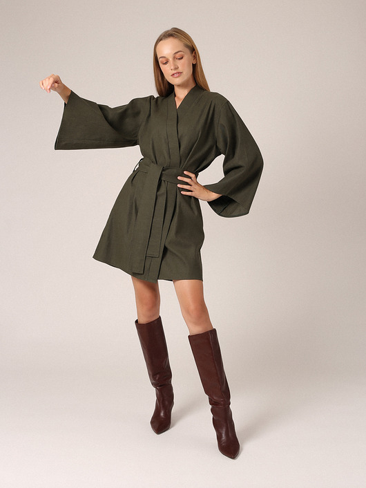 sukienki midi damskie Kimono lniane butelkowa zieleń