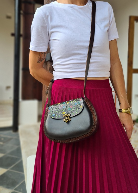 torby na ramię Torebka skórzana Marlene kwiaty ręcznie robiona