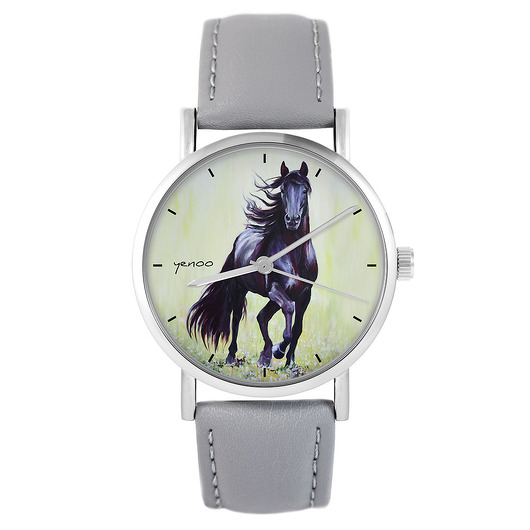 zegarki unisex Zegarek - Czarny koń malowany - skóra, szary