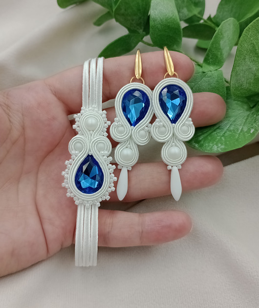 Biżuteria ślubna Ślubna biżuteria soutache biel i szafir, kryształowe dodatki
