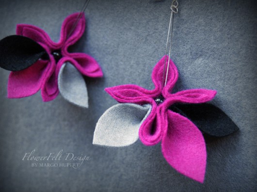 fuksja szary czarny - kolczyki FlowerFelt Design