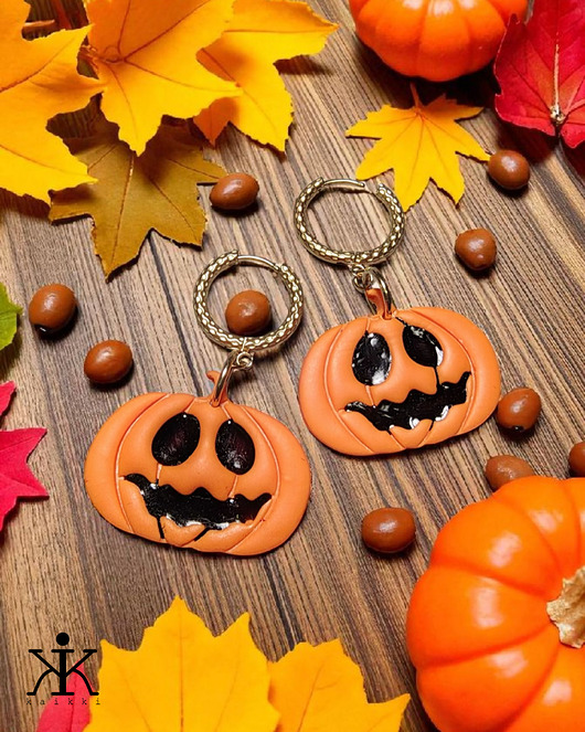 kolczyki z masy plastycznej Kolczyki halloween dynia z glinki polimerowej