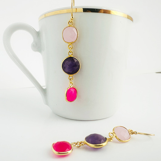 kolczyki z kamieniami CRYSTAL PINK - kolczyki kamienie szlachetne srebro pozłacane