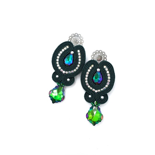 kolczyki soutache Kolczyki sutasz zielone sztyfty wieczorowe z kryształkami Velo