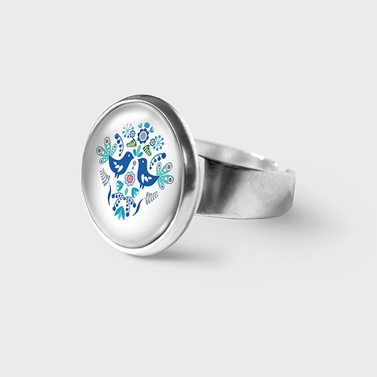 pierścionek z żywicy Pierścionek - Folkowe ptaszki niebieskie