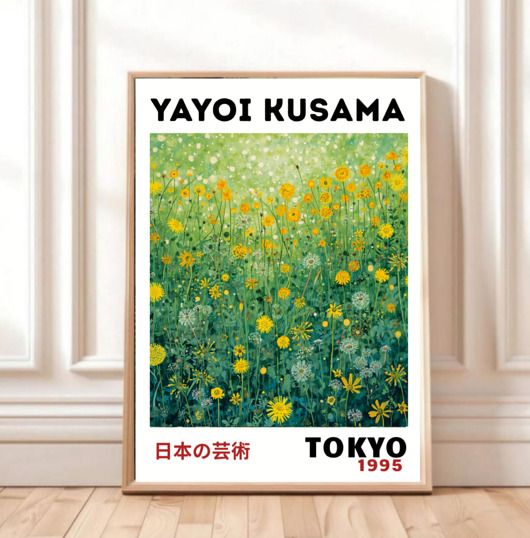 grafiki i ilustracje PLAKAT dekoracyjny zielona łąka dmuchawce Kusama