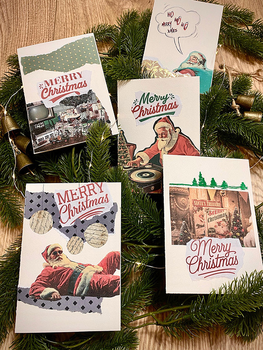 kartki scrapbooking Zabawne, kolażowe kartki świąteczne Merry Christmas - zestaw 5 szt