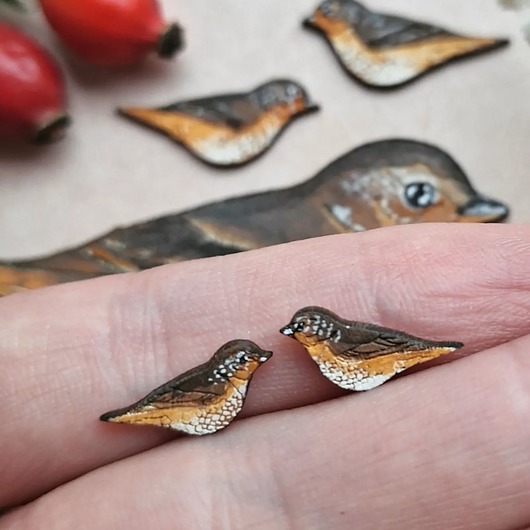 kolczyki drewniane Drozdy malowane