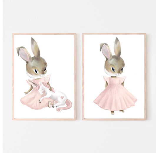 Plakat obrazek pastelowy króliczek jednorożec Dekoracjan