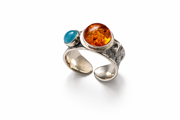 pierścionki złote Pierścionek srebrny z bursztynem i agatem niebieskim