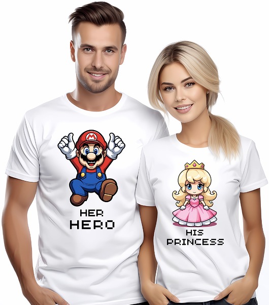 t-shirt damskie Koszulki dla pary Walentynki t-shirt komplet Mario