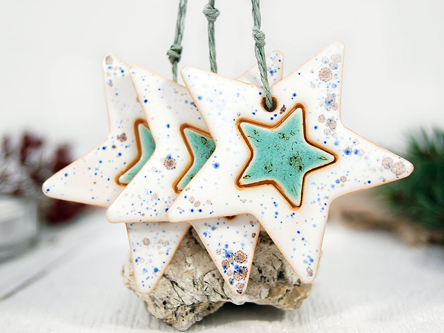 ozdoby choinkowe Turkusowe gwiazdki choinkowe - ceramiczne ozdoby świąteczne