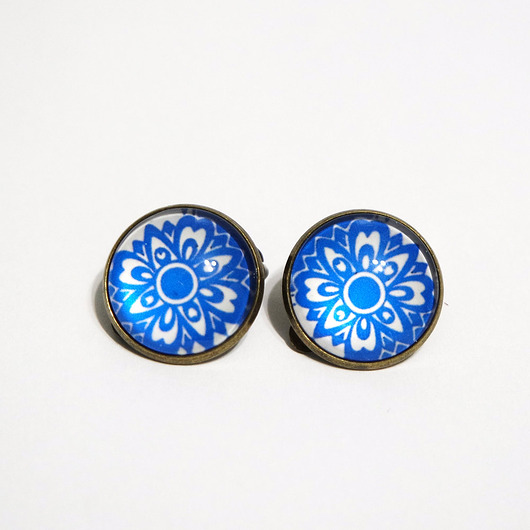 klipsy Klipsy -  Niebieskie kwiaty, koronka - duże, brąz