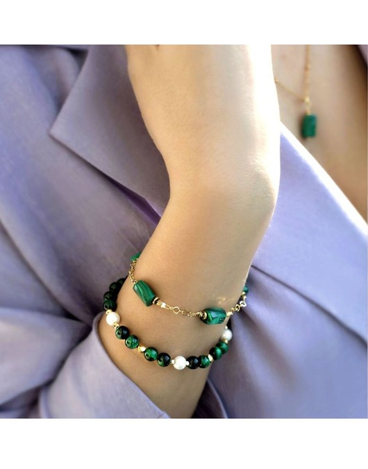 bransoletki z kamieni naturalnych Bransoletka Łańcuszkowa z Zielonymi Kamieniami Malachitami JUNGLE