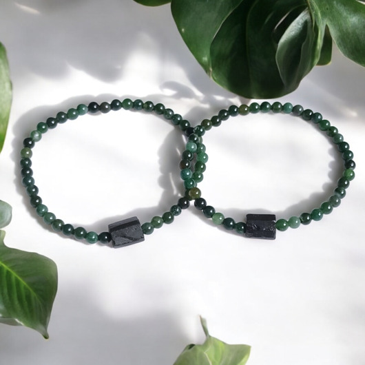 bransoletki z kamieni naturalnych KOMPLET dla PARY : agat mszysty & czarny turmalin
