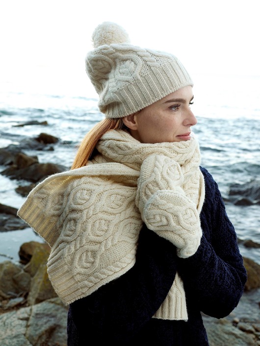 czapki damskie Zestaw CZAPKA + SZALIK + RĘKAWICZKI -  100% wełna Merino - Kremowy