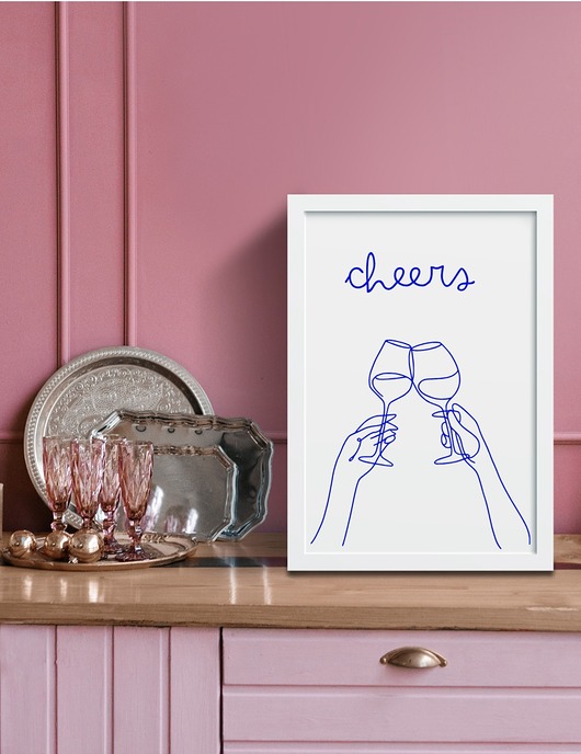 plakaty PLAKAT wino, niebieska grafika, cheers poster do kuchni