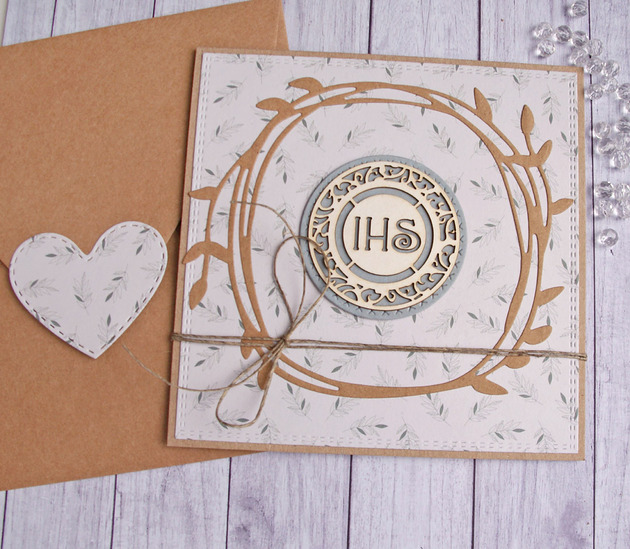 kartki na komunię Kartka komunijna : listki : szaro-zielona