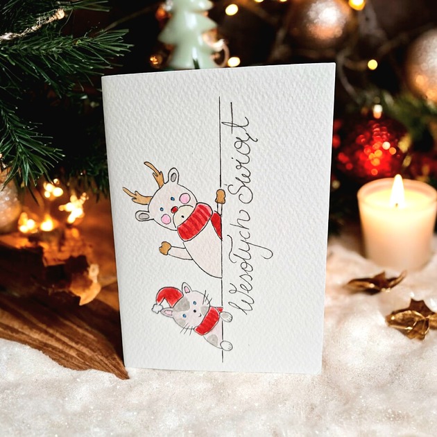 kartki scrapbooking Kartka ręcznie malowana święta Bożego Narodzenia renifer i kotek