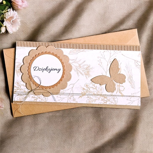 kartki scrapbooking Podziękowanie : dziękujemy : kartka-kopertówka : beż