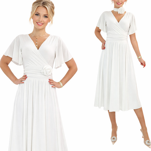 sukienki midi damskie Sukienka koktajlowa  midi drapowana ecru  z różą 34-56