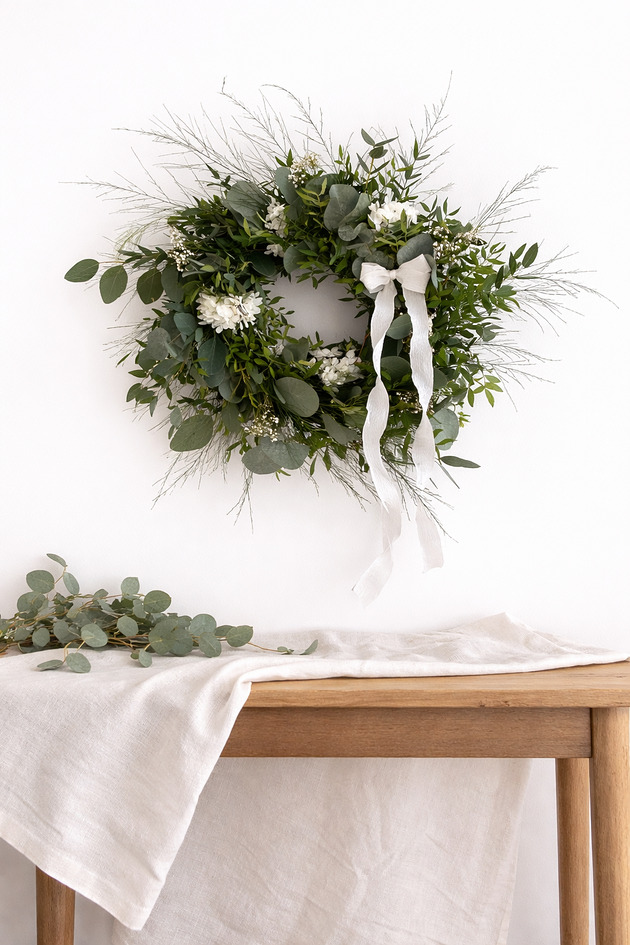 wianki Wianek wiosenny zieleń + hortensja + gipsówka + eukaliptus
