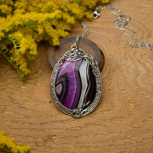 Wisior agat z kryształem, wire wrapping Agata Rozanska