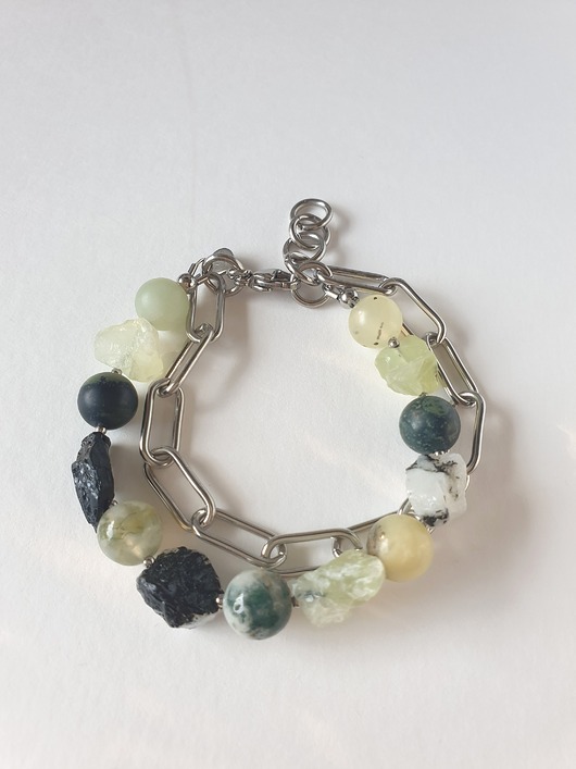 bransoletki z kamieni naturalnych Bransoletka RAW z grubym łańcuchem, prehnit, agat mszysty, czarny turmalin