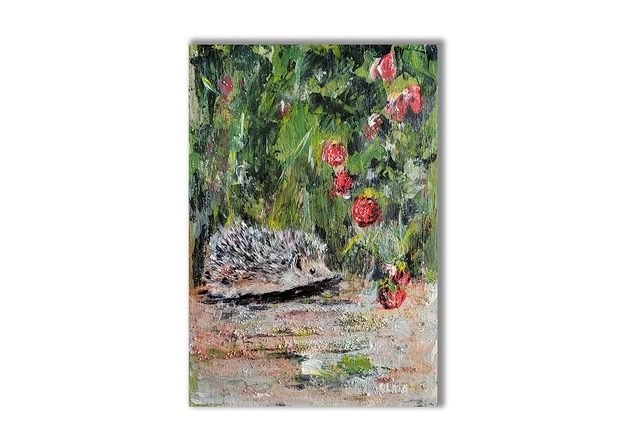 grafiki i ilustracje Obraz ręcznie malowany "'Jeż i truskawki"