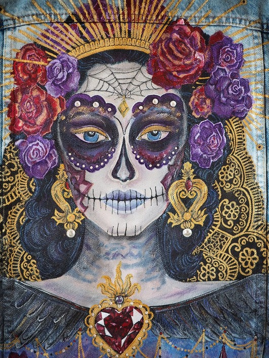 kurtki damskie Ręcznie malowana kurtka jeansowa CATRINA SANTA MUERTE