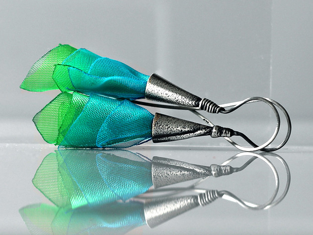 kolczyki wire wrapping Srebrne kolczyki turkusowo zielone kwiaty