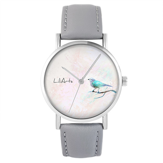 zegarki damskie Zegarek - Ptaszek turkusowy - skóra, szary