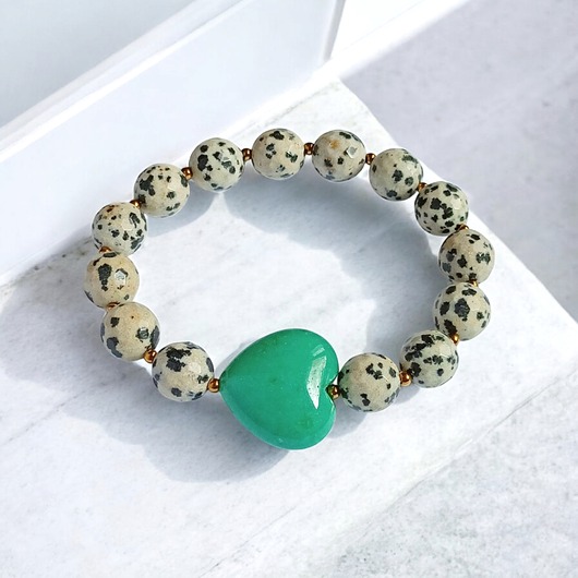 bransoletki z kamieni naturalnych Jaspis dalmatyński i serce : MORSKA ZIELEŃ : bransoletka na gumce