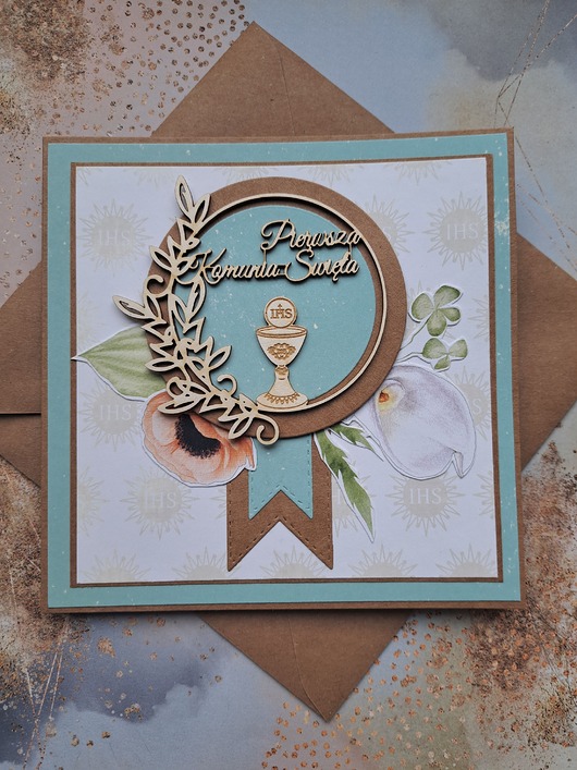 kartki scrapbooking Kartka na Komunię dla chłopca (w kopercie)