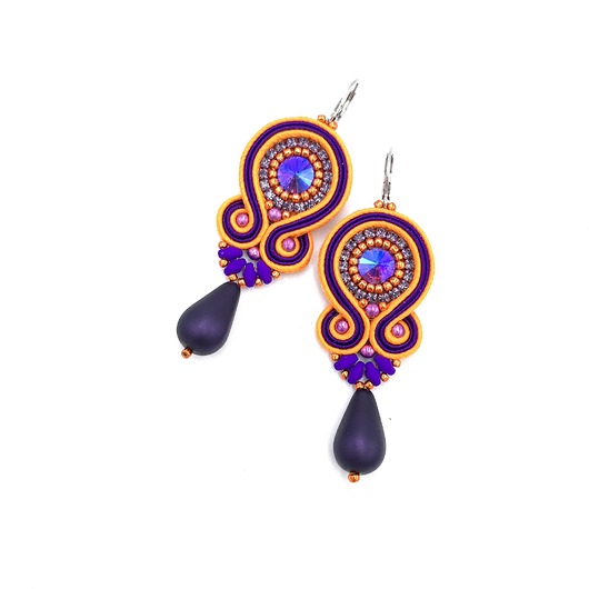 kolczyki soutache Kolczyki sutasz pomarańczowo fioletowe kolorowe Cleo z dużą łezką