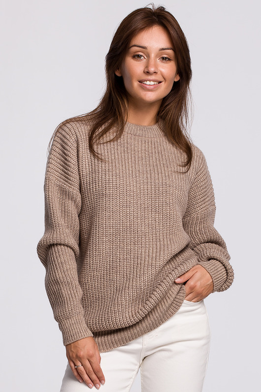swetry damskie Długi sweter w prążek - cappuccino(BK-052)